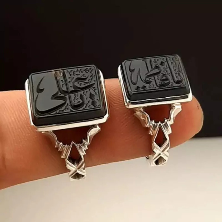 دو عدد انگشتر عقیق جزع یمنی (ست زوج) ، با رکاب دست ساز عیار بالا و حکاکی دستی